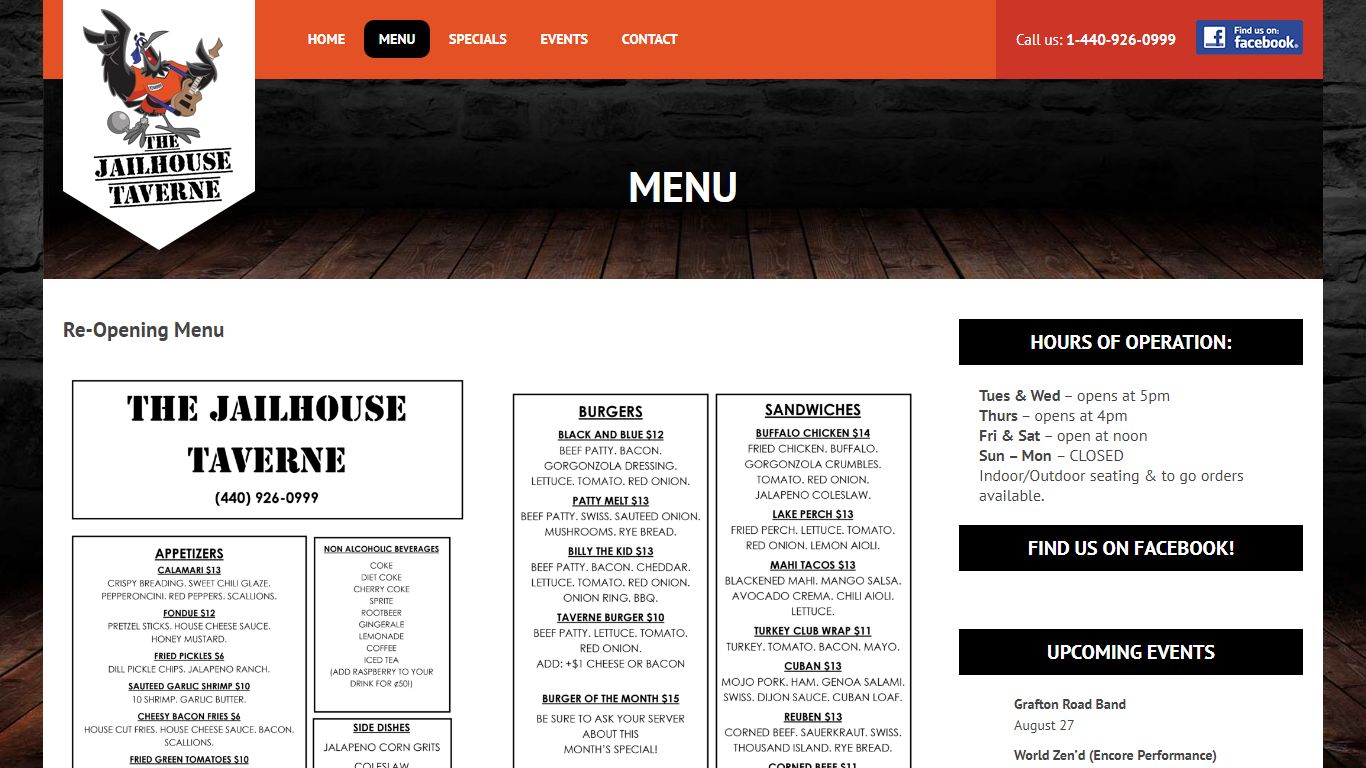 Menu : The Jailhouse Taverne